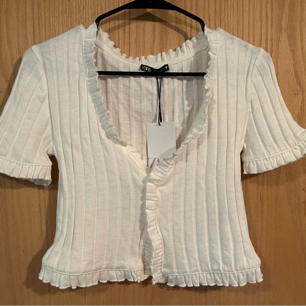 Zara White Ribbed Top with Ruffle Detail - Picture 2 of 5